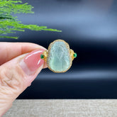 RealJade® "Signature Signet" 18K Yellow Gold Icy Green Jadeite Jade PiXiu Ring