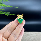 RealJade "Heart Bear" 18k Yellow Gold Genuine Burmese Jadeite Pendant Necklace
