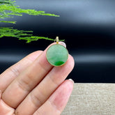 "Good Luck Button"Green Jadeite Jade Lucky KouKou Pendant With 18K Yellow Gold Bail