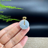 "Good Luck Button" Ice Green Jadeite Jade Lucky KouKou Pendant With 18K Yellow Gold Bail