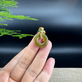 "Good Luck Button" Matcha Green Jadeite Jade Lucky KouKou Pendant With 18K Yellow Gold Diamonds Bail