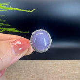 18k White Gold Natural Rich Lavender Oval Jadeite Jade Engagement Ring With Diamonds