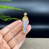 RealJade® 18K Yellow Gold Genuine Luxury Icy lavender Jade Guanyin Pendant Necklace With Diamonds