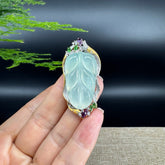 High end genuine Ice Jadeite Jade Jin Zhi Yu Ye (Leaf) Necklace With 18k Yellow Gold Multi-Colors Diamond