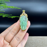 High end genuine Green Jadeite Jade Jin Zhi Yu Ye (Leaf) Necklace With Yellow Gold Diamond Bail