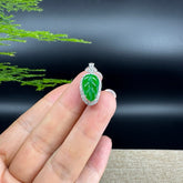 RealJade® Co. Genuine Imperial Jadeite Jade Jin Zhi Yu Ye (Leaf) Necklace With 18k White Gold & Diamond