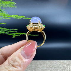 18k Yellow Gold Natural Rich Lavender Oval Jadeite Jade Engagement Ring With Diamonds