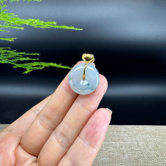 "Good Luck Button" Ice Green Jadeite Jade Lucky KouKou Pendant With 18K Yellow Gold Bail