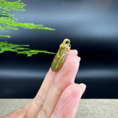 "Good Luck Button" Matcha Green Jadeite Jade Lucky KouKou Pendant With 18K Yellow Gold Diamonds Bail