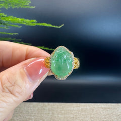 RealJade® "Signature Signet" 18K Yellow Gold Icy Green Jadeite Jade Diamonds  PiXiu Ring