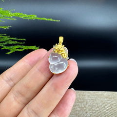 RealJade® Co. Genuine Icy Jadeite Jade Good Luck Hulu Bottle Gourd Necklace With 18K Yellow Gold Bail