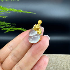 RealJade® Co. Genuine Icy Jadeite Jade Good Luck Hulu Bottle Gourd Necklace With 18K Yellow Gold Bail