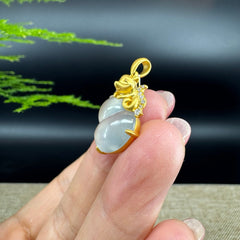 RealJade® Co. Genuine Icy Jadeite Jade Good Luck Hulu Bottle Gourd Necklace With 18K Yellow Gold Bail